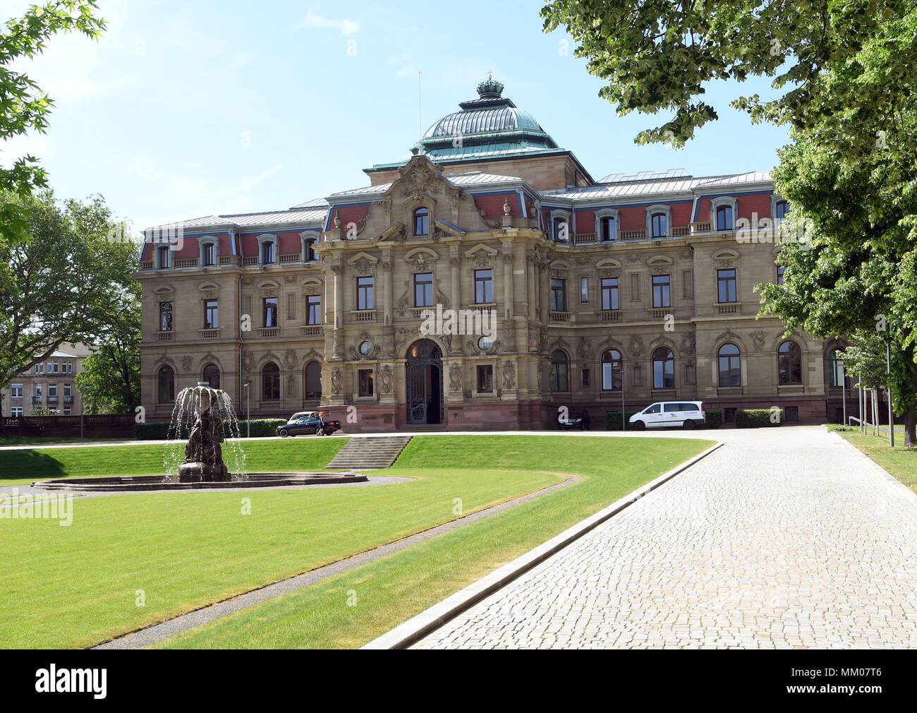 09 May 2018, Germany, Karlsruhe: Exterior view of the Palais at the Federal Supreme Court. The Federal Supreme Court is negotiating whether the music platform Youtube bears liability for copyright infringements of their users. A music producer has been suing the Google subsidiary for ten years. Photo: Uli Deck/dpa Stock Photo