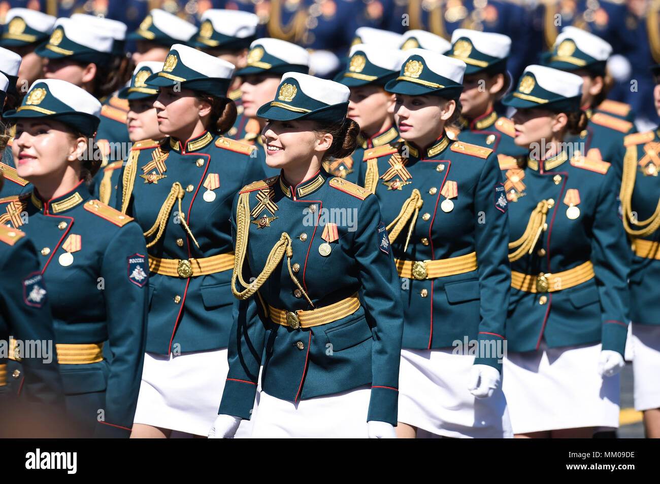 Moscow, Russia. 9th May, 2018. Russian female soldiers march during the Victory Day parade in Moscow, Russia, May 9, 2018. The 73rd anniversary of the victory over Nazi Germany in World War Two was marked here on Wednesday. Credit: Evgeny Sinitsyn/Xinhua/Alamy Live News Stock Photo