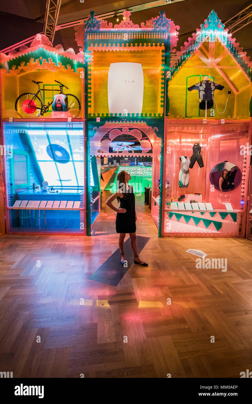 Exhibits in the entrance - The Future Starts Here a new exhibition at the V&A. The exhibition opens to the public on 12 May and runs until 4 November and explores the impact of over 100 objects on the body, the home, politics, cities, and the planet. Credit: Guy Bell/Alamy Live News Stock Photo