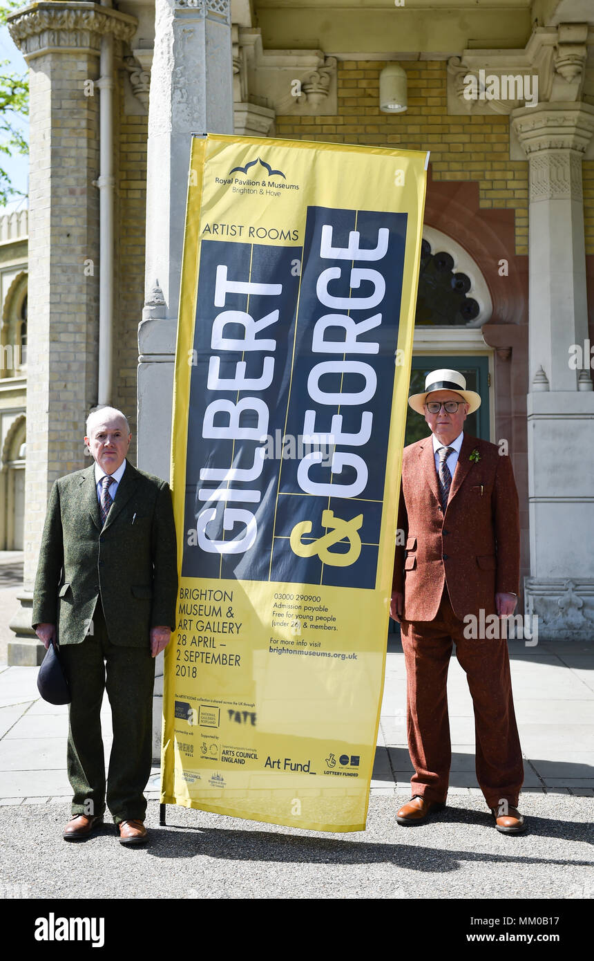 Brighton UK 9th May 2018 - Renowned artists Gilbert (left) and George visiting their exhibition at Brighton Museum and Art Gallery which is showing until September until September .  Photograph taken by Simon Dack Credit: Simon Dack/Alamy Live News Stock Photo