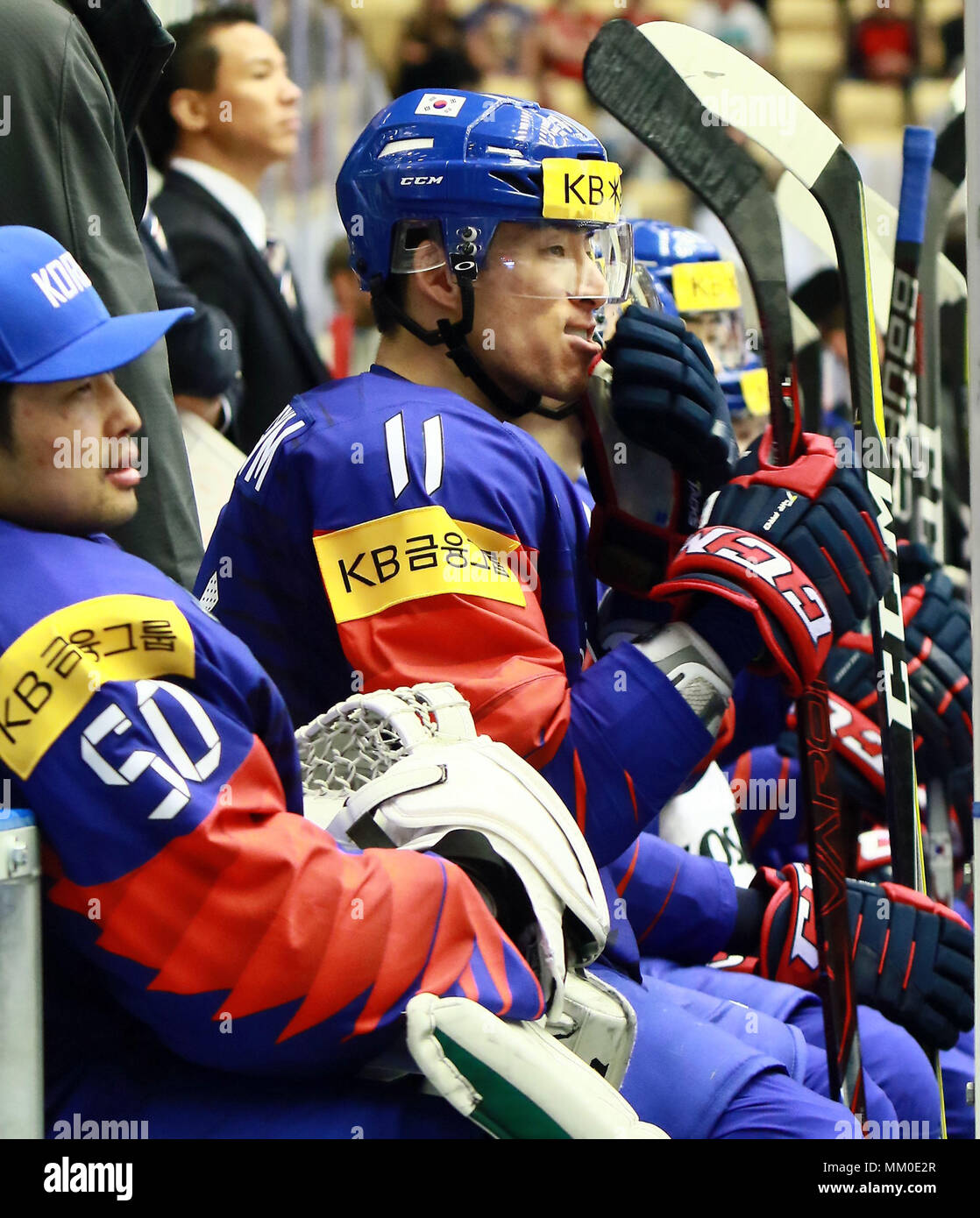 May 9, 2018 - Herning, Denmark - Korean team, in front  Sungie PARK (KOR), Kisung KIM (KOR), .May 09, 2018, Ice Hockey World Championship 2018,Germany vs Korea, Jyske Bank Boxen, Herning/Denmark, (Credit Image: © Wolfgang Fehrmann via ZUMA Wire) Stock Photo