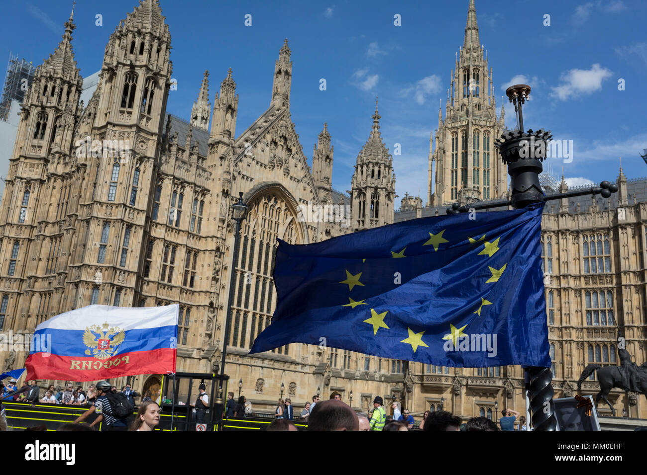 London, UK 9th May 2018: Russians and Russian-speakers from around the Russian Federation and former Soviet states (such as the Baltics) and of all generations, celebrate Victory Day, the annual commemoration remembering the sacrifice of Red Army heroes who defeated facism during WW2 - marching through the heart of British government in Whitehall, Parliament Square and ending outside Parliament itself. (Photo by Richard Baker / Alamy Live News) Stock Photo