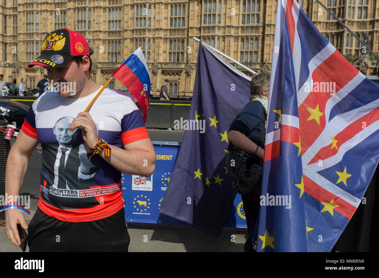 London, UK 9th May 2018: Russians and Russian-speakers from around the Russian Federation and former Soviet states (such as the Baltics) and of all generations, celebrate Victory Day, the annual commemoration remembering the sacrifice of Red Army heroes who defeated facism during WW2 - marching through the heart of British government in Whitehall, Parliament Square and ending outside Parliament itself. (Photo by Richard Baker / Alamy Live News) Stock Photo