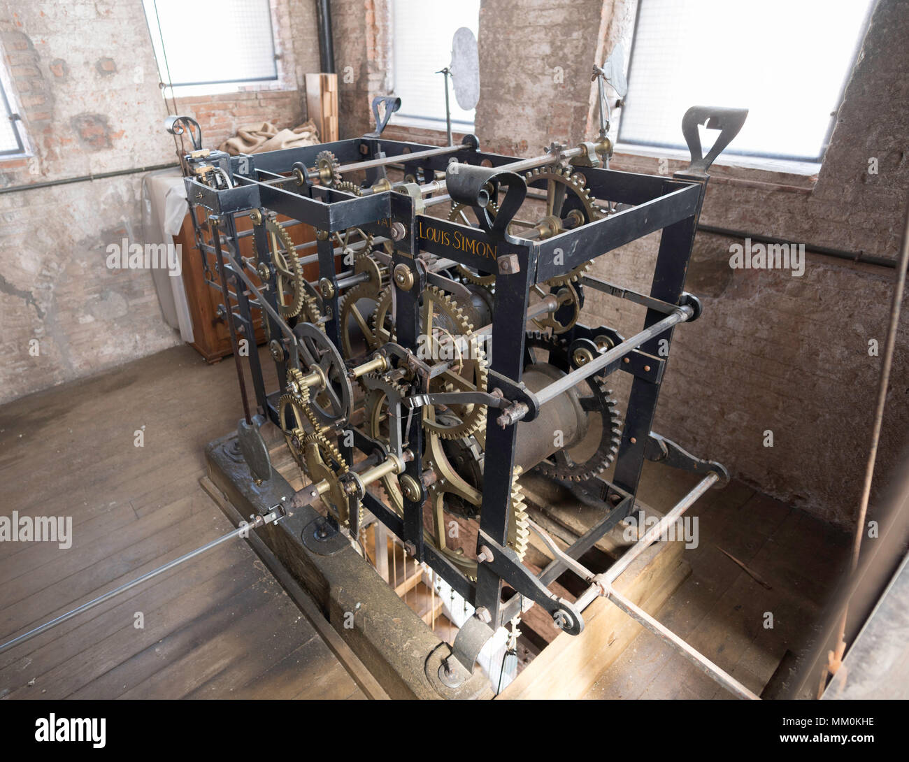 18th century clock mechanism by Swiss Louis Simon within the Torre Delle Ore, Lucca, Tuscany, Italy Stock Photo