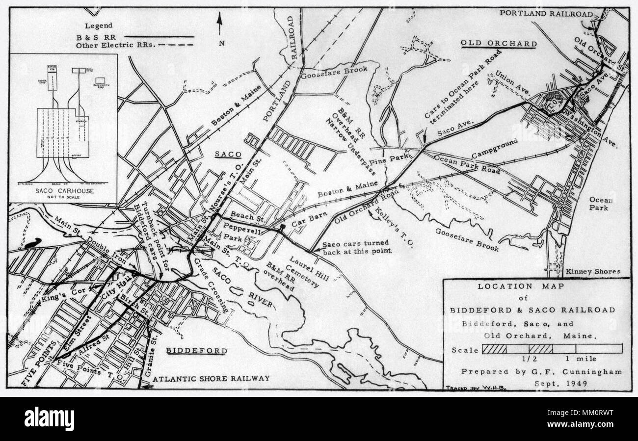 Location Map of Biddeford & Saco Railroad. 1949 Stock Photo