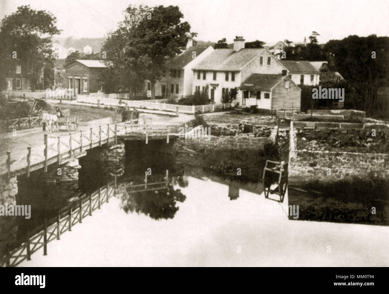 Wooden Bridge over Pawcatuck River. Westerly. 1880 Stock Photo