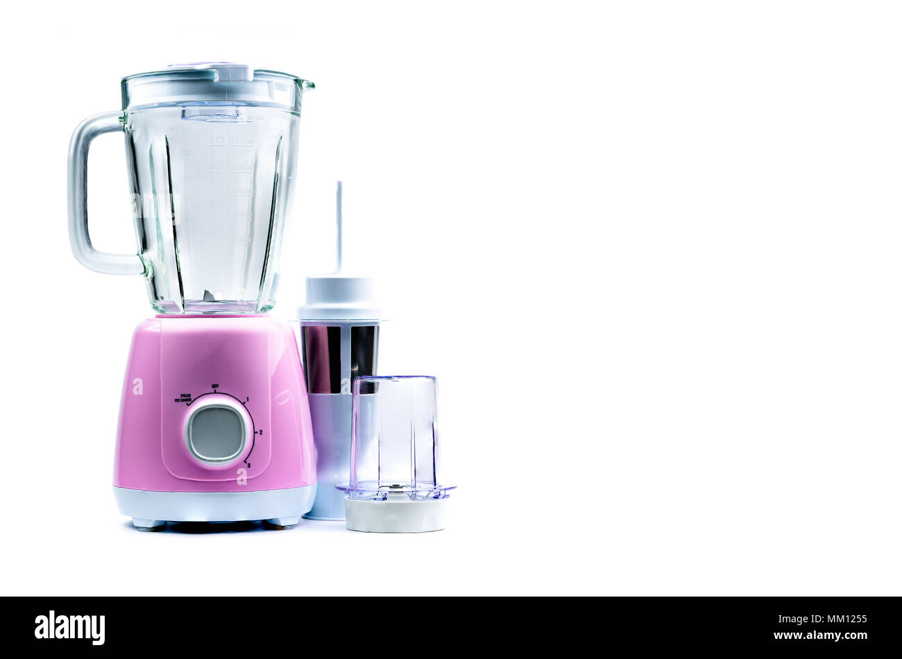 Empty pastel purple electric blender with filter, toughened glass jug, dry grinder and speed selector isolated on white background. Blender and grinde Stock Photo