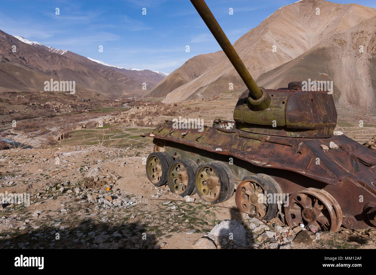 Abandoned Russian tank in the Panjshir Valley, Afghanistan Stock Photo