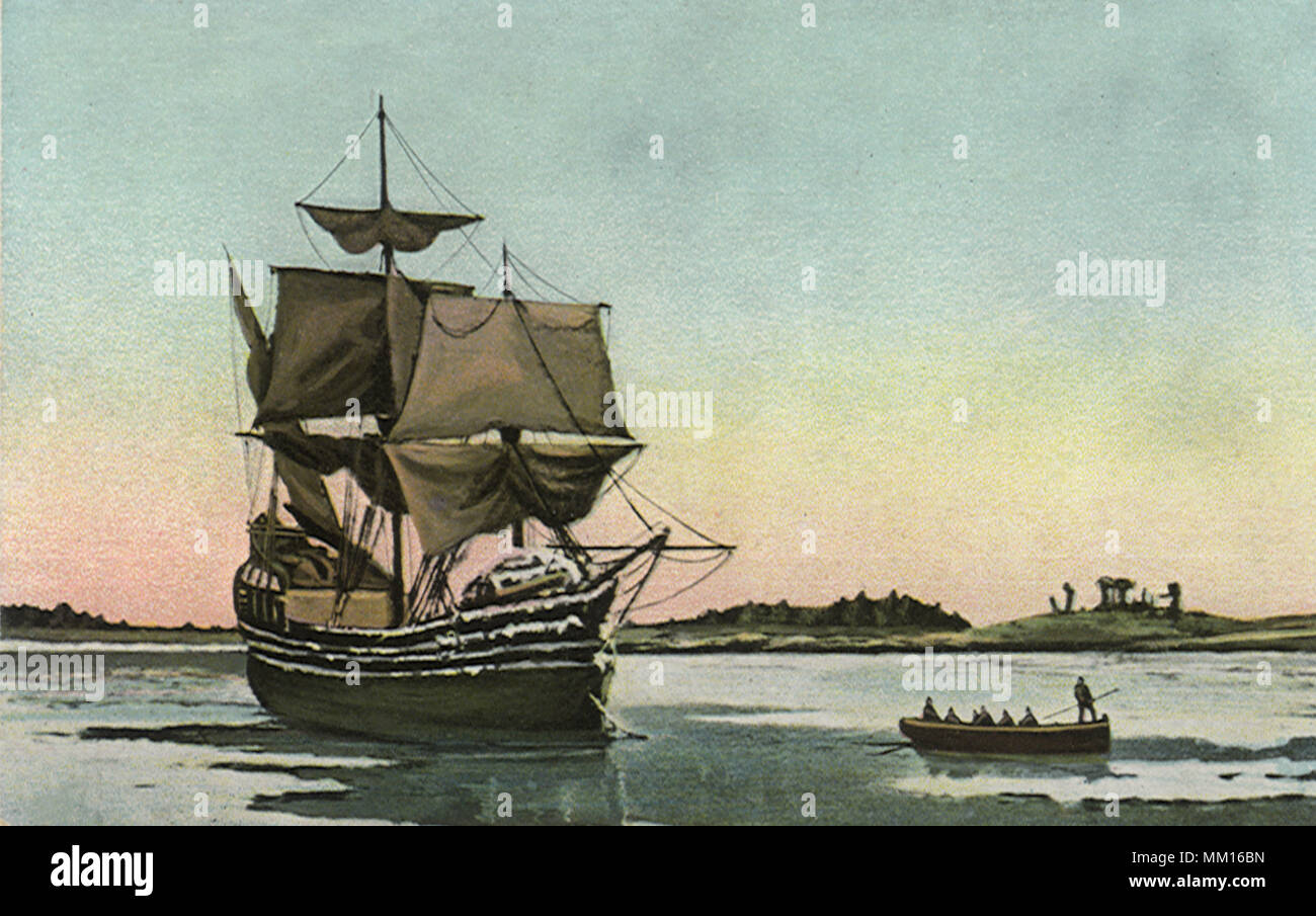Mayflower in Plymouth Harbor.  1620 Stock Photo