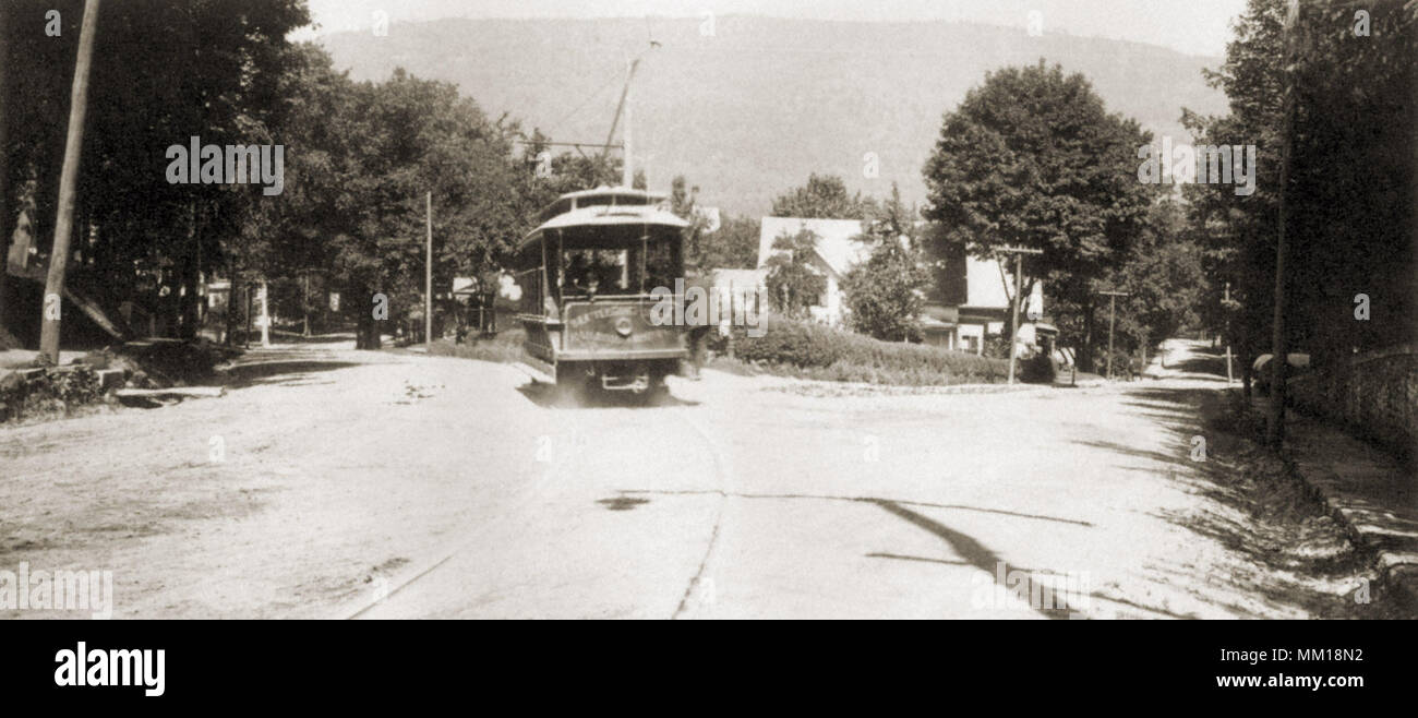 Trolley past High & Green Junction. Brattleboro. 1910 Stock Photo