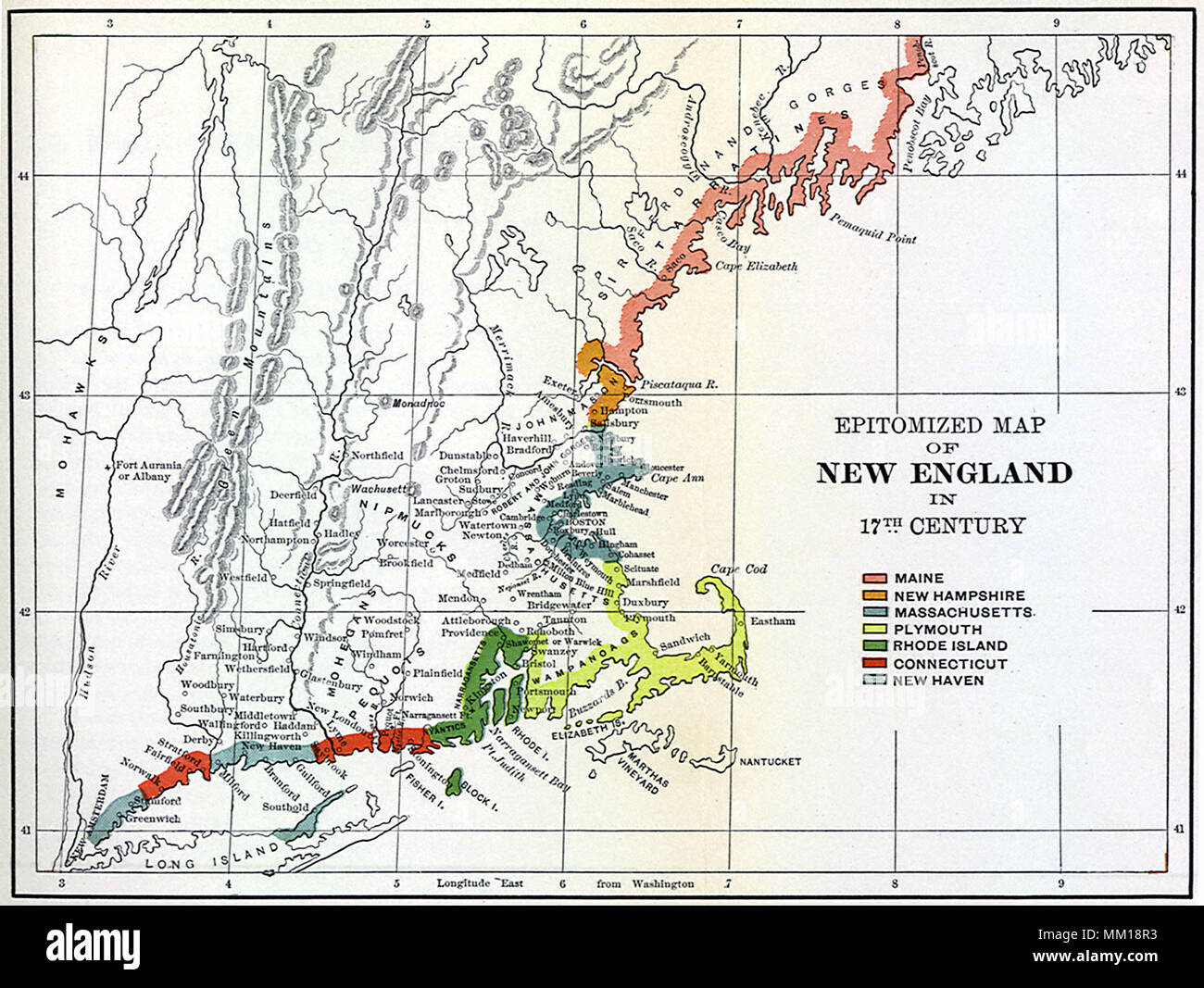 Map of 17th Century New England 1680 Stock Photo