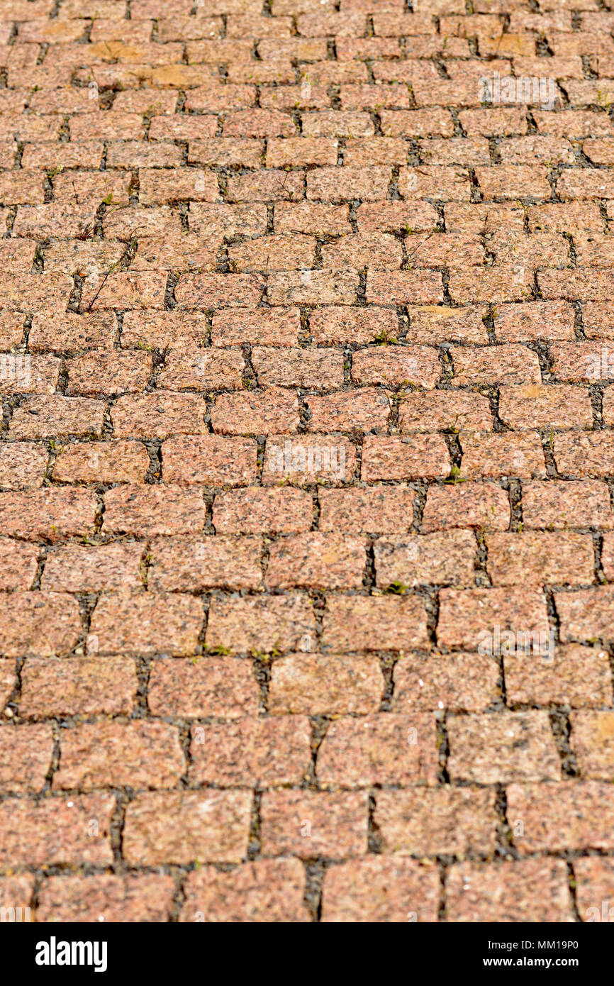 Pavement of gray square granite tiles. Neat square pieces of red granite in a lined path Stock Photo