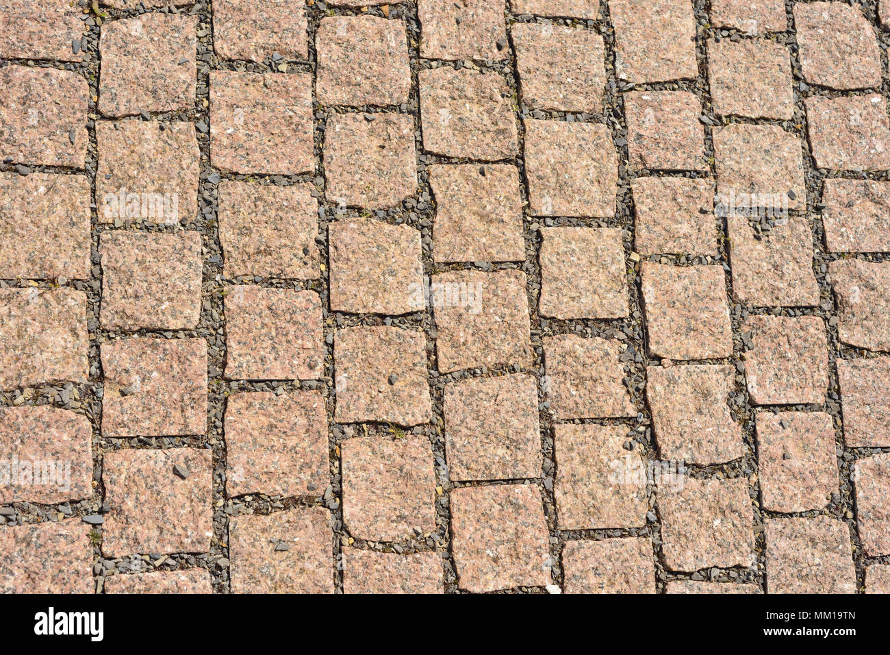 Pavement of gray square granite tiles. Neat square pieces of red granite in a lined path Stock Photo