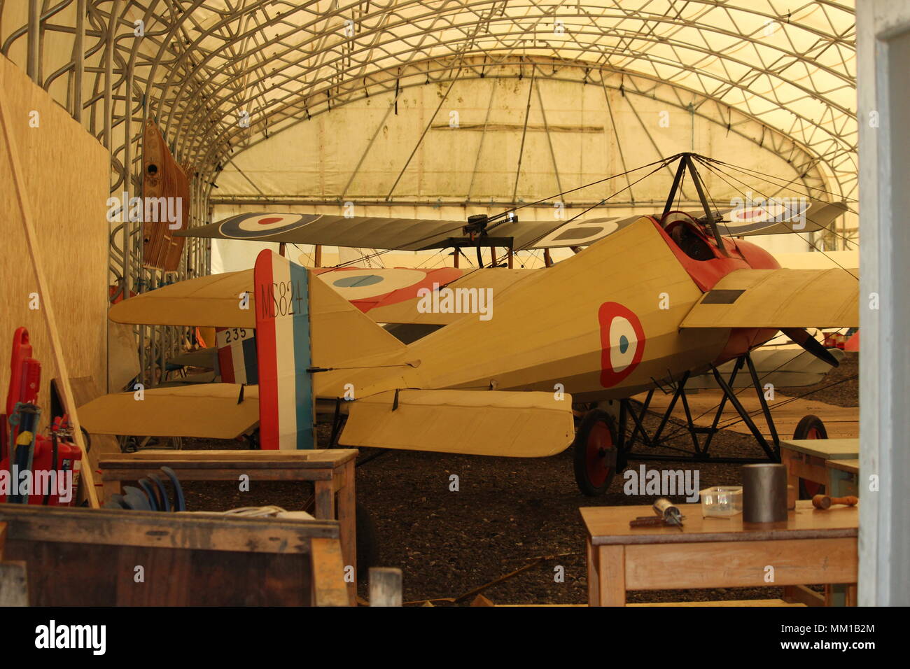 British Military Heritage - Interior of private aircraft hangar at the WW1 Great War Aerodrome, Stow Maries, Purleigh, Essex. Stock Photo