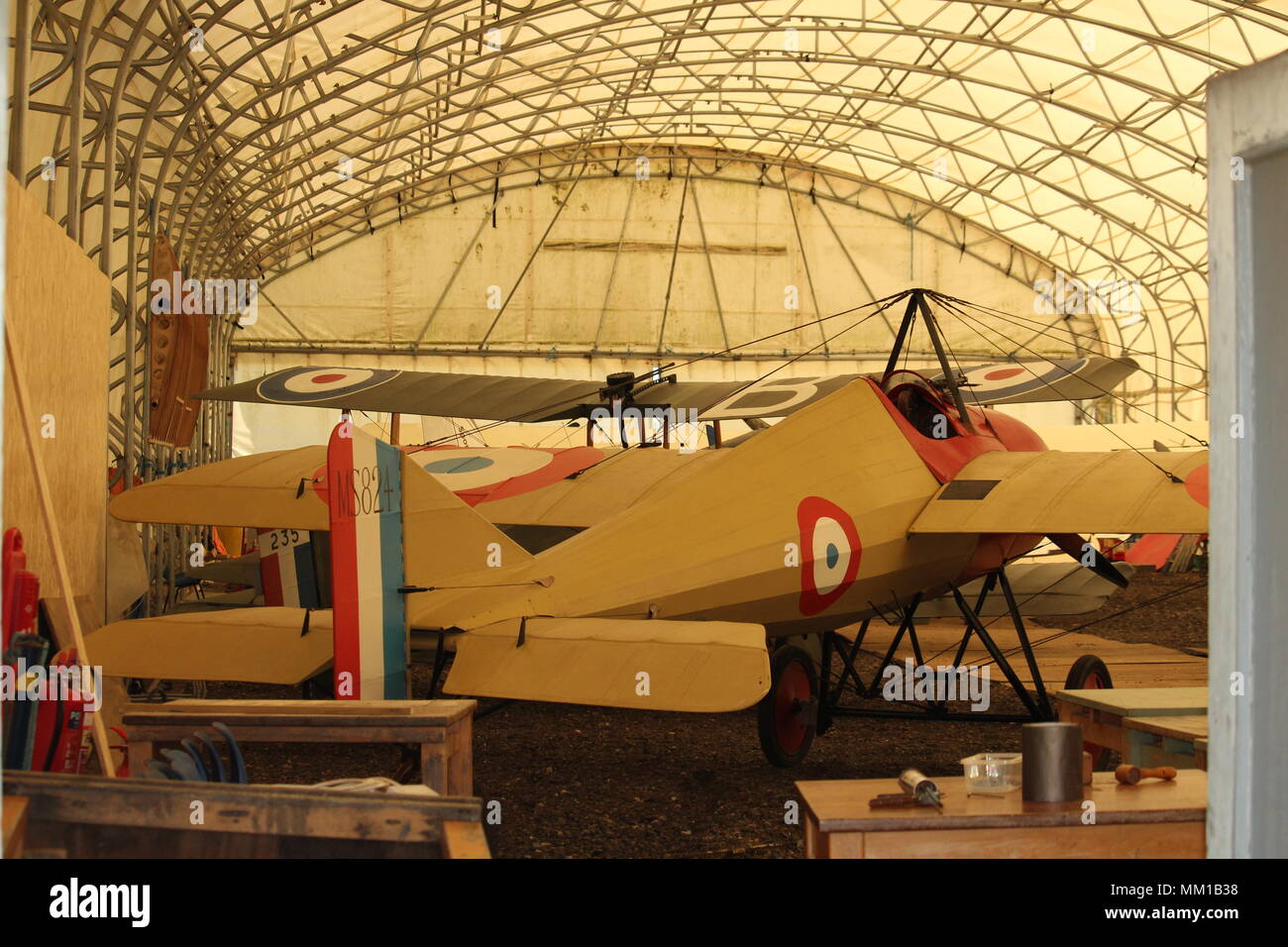 British Military Heritage - Interior of private aircraft hangar at the WW1 Great War Aerodrome, Stow Maries, Purleigh, Essex. Stock Photo