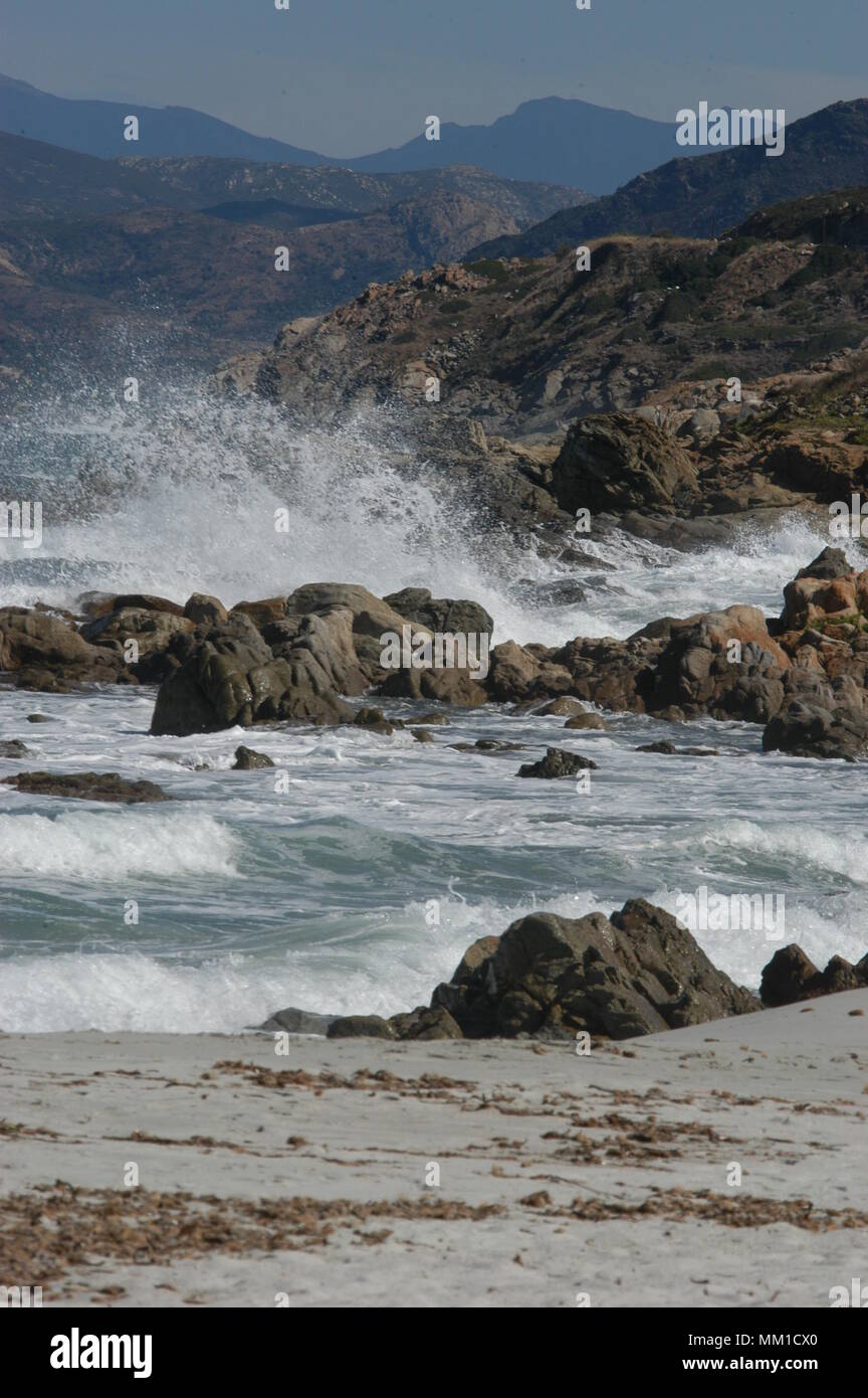 Rocky coastline at Ile Rousse near Calvi on the island of Corsica off ...