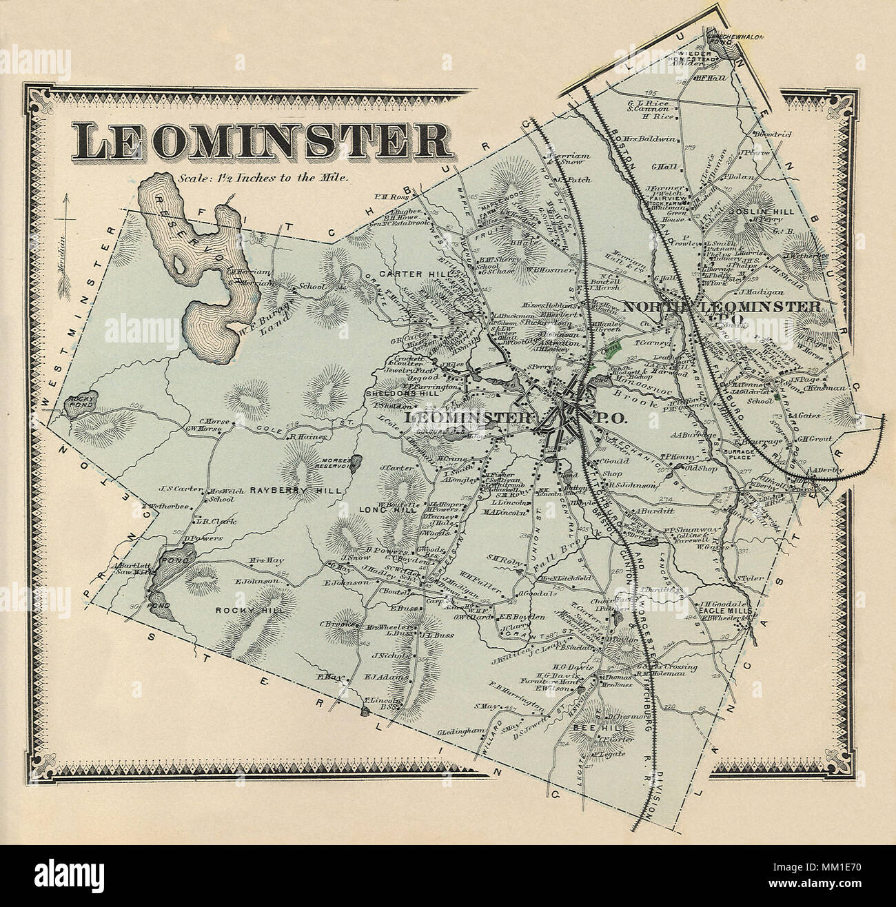Map of North Leominster. 1870 Stock Photo