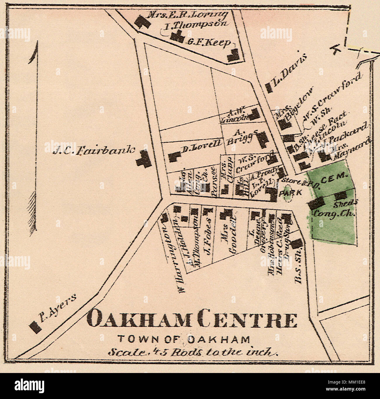 Map of Oakham Center. Oakham. 1870 Stock Photo Alamy