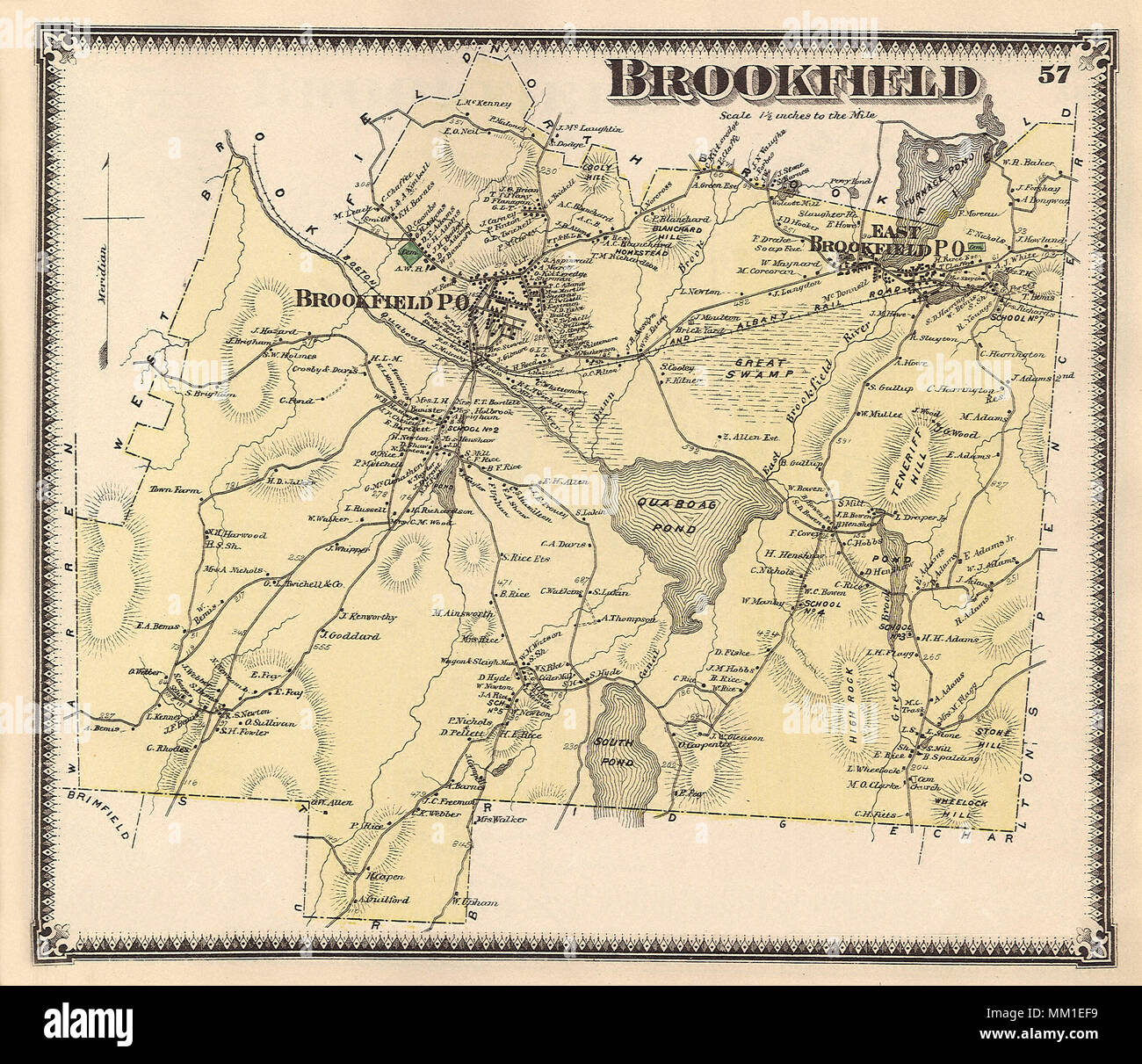 Map, East Brookfield. Town Of Brookfield. 1870 Stock Photo - Alamy