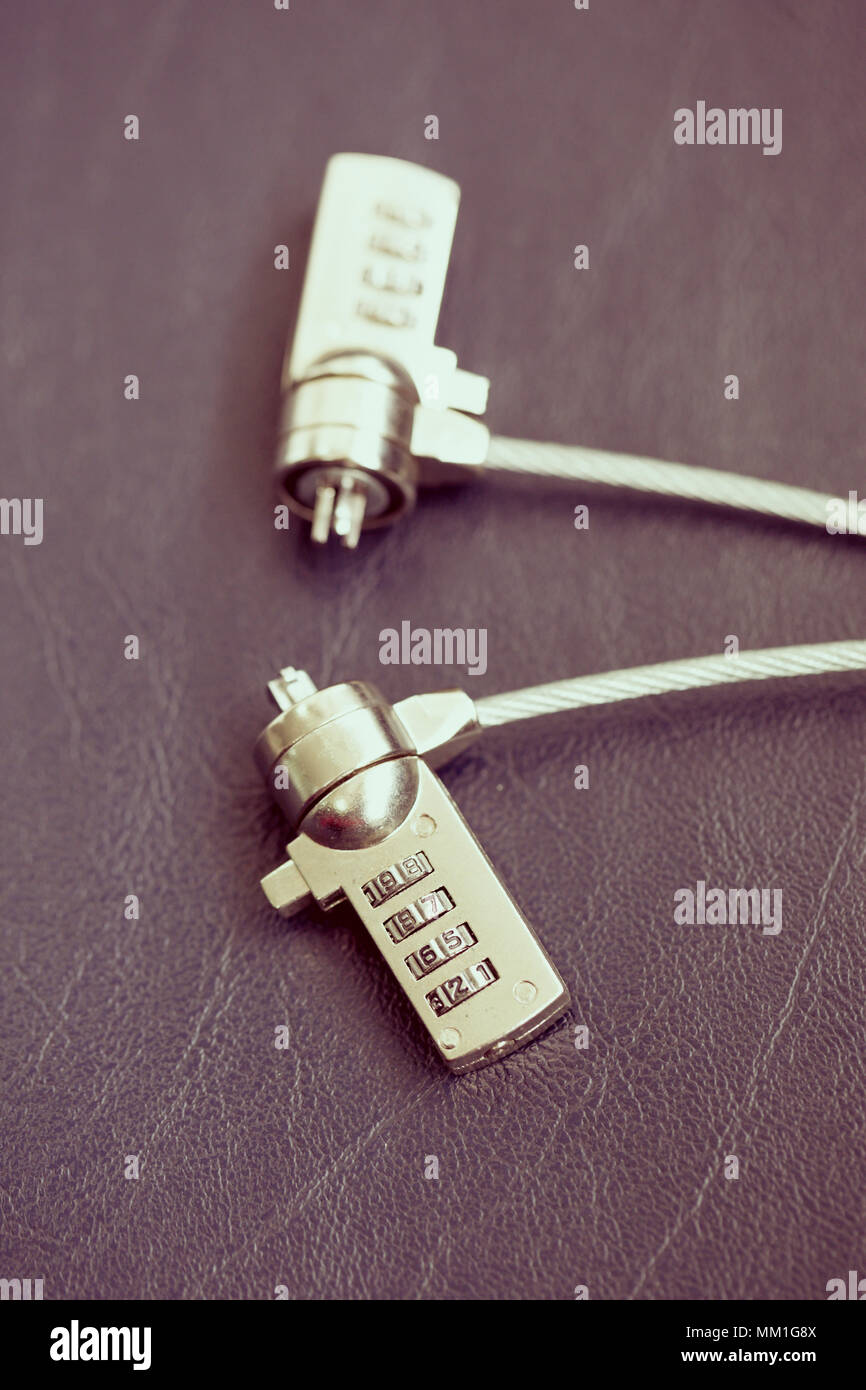 Two computer cable lock on leather, Security concept shot for the digital age Stock Photo