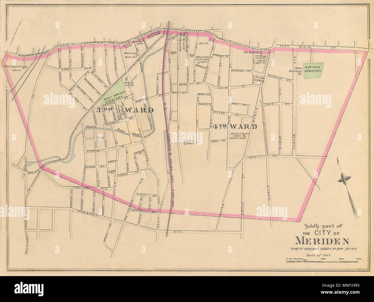 Map of South Part of Meriden. Meriden. 1893 Stock Photo