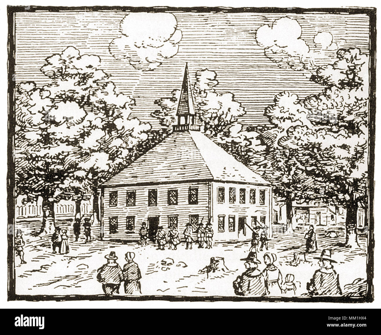 First Meetinghouse on the Green. New Haven. 1690 Stock Photo