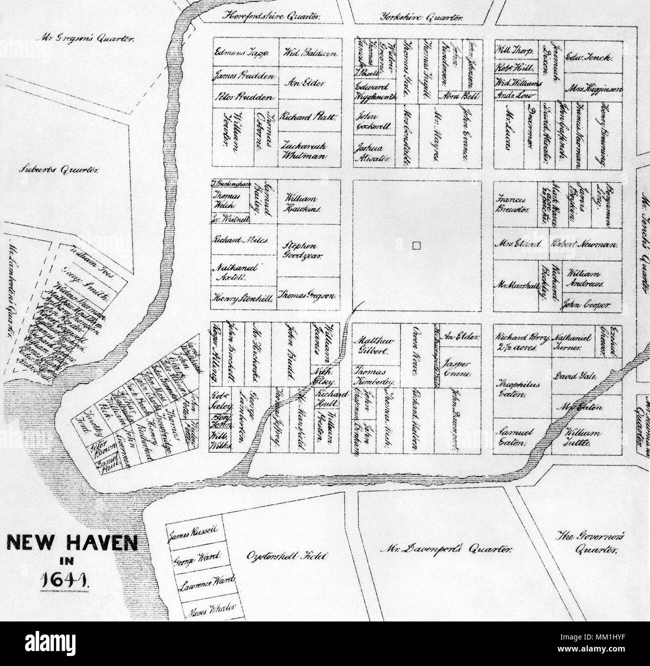 Map Early Days of New Haven. New Haven. 1641 Stock Photo