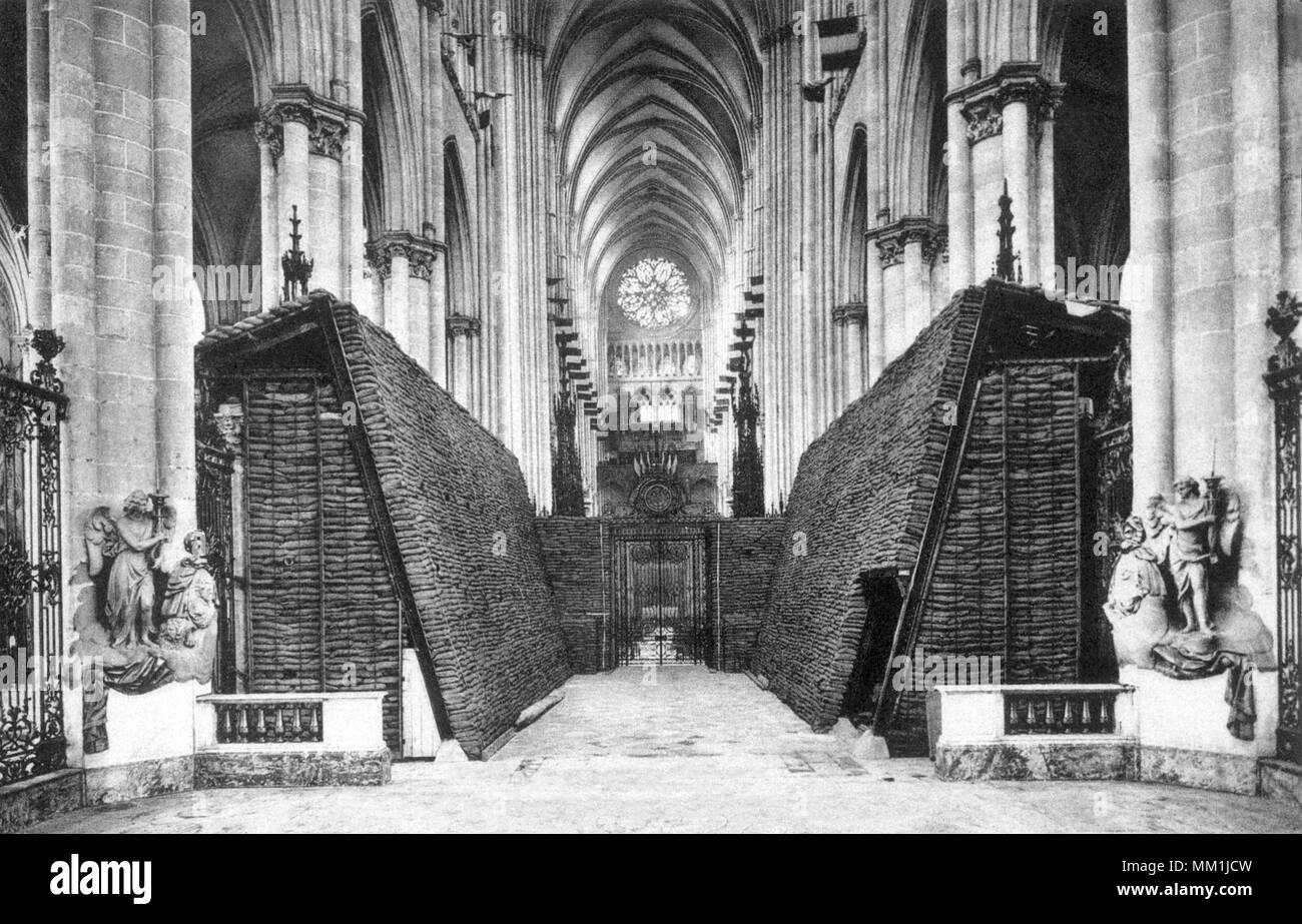 Church protected by Sandbags in WWI. Amiens. 1910 Stock Photo