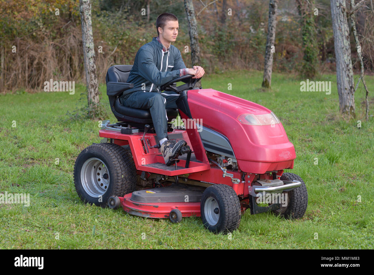 gardener on a garden seated on a lawn mower Stock Photo
