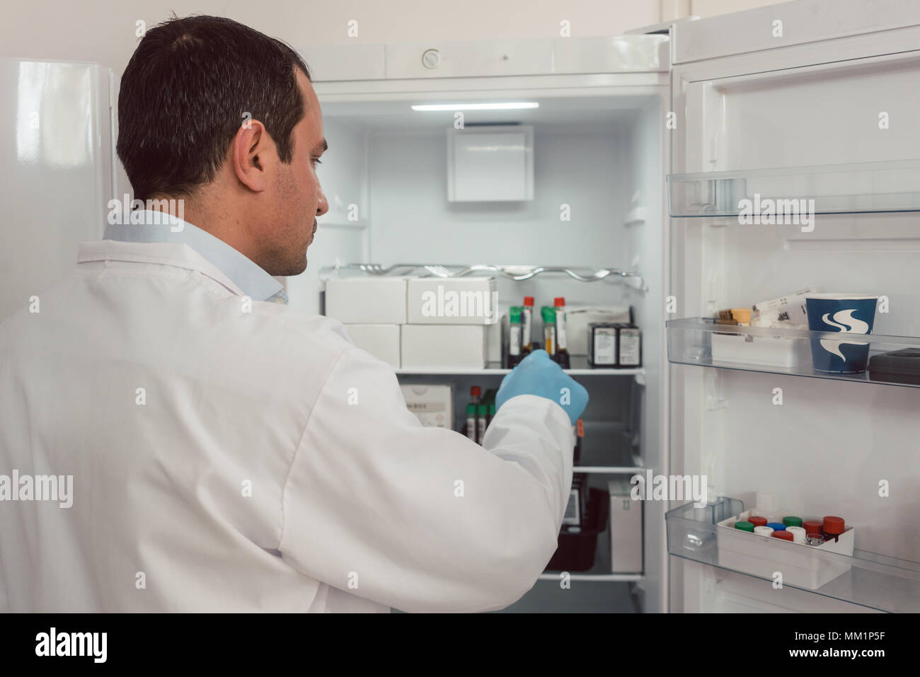 Lab technician storing blood samples in fridge Stock Photo