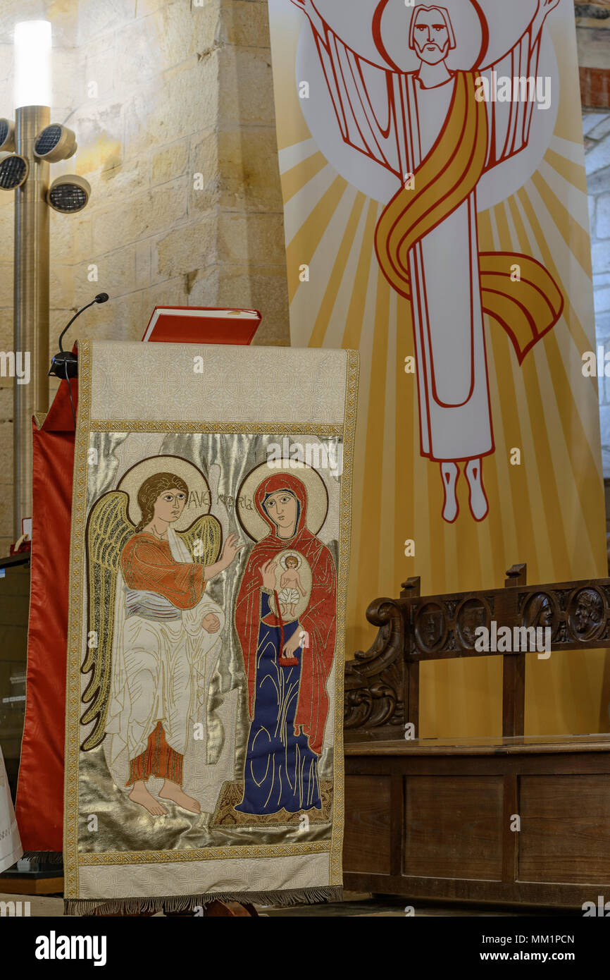 Annunciation of the Virgin Mary by the angel in a medieval canvas painting of the Cathedral of San Martin de Mondoñedo, Foz, Lugo, Galicia, Spain, Eur Stock Photo