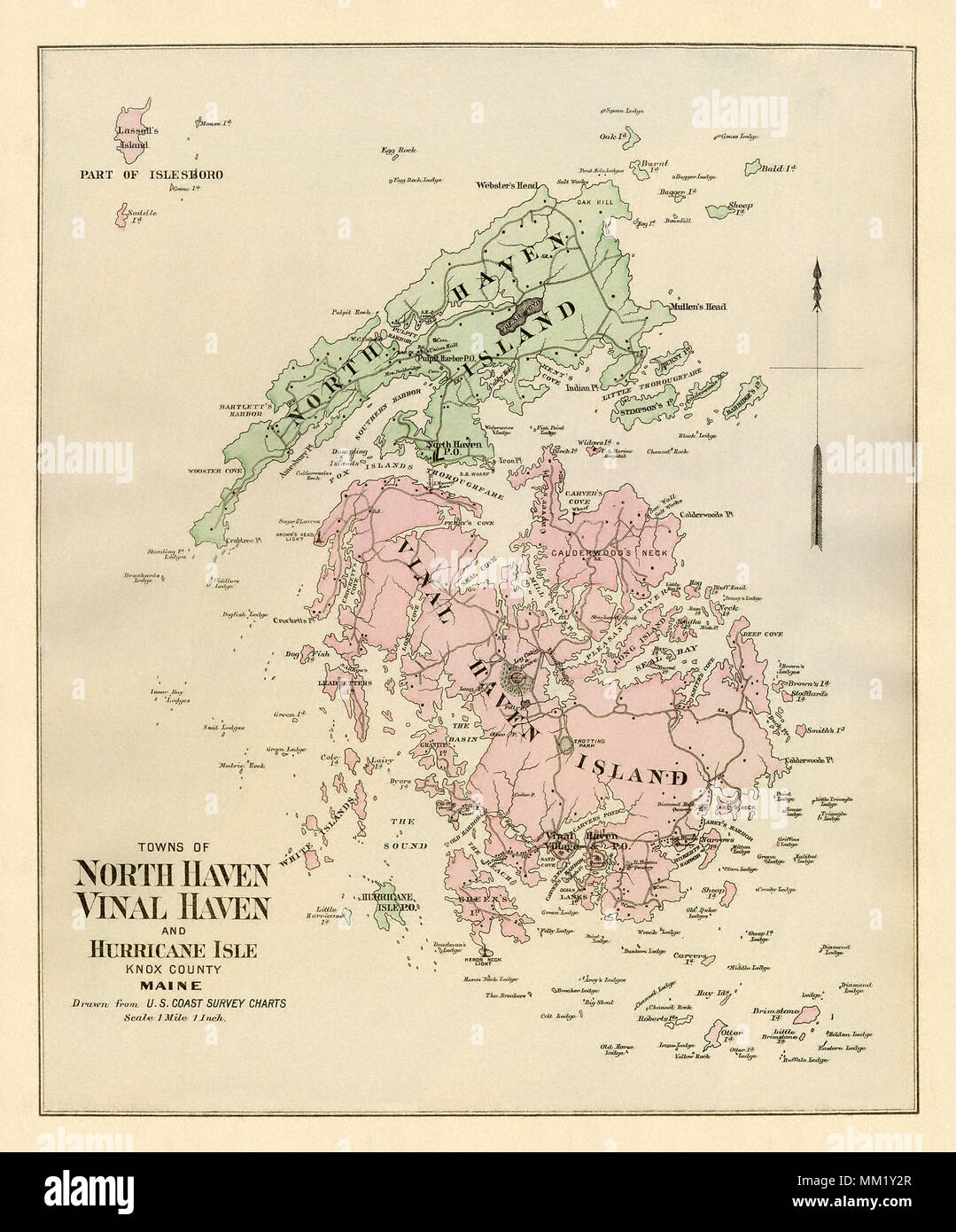 Map of Vinal Haven Island and Vicinity.  1890 Stock Photo