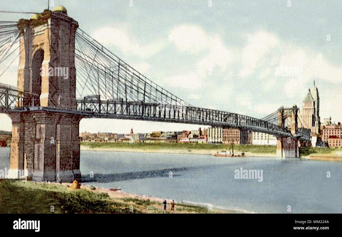 Suspension Bridge over Ohio River. Cincinnati. 1935 Stock Photo