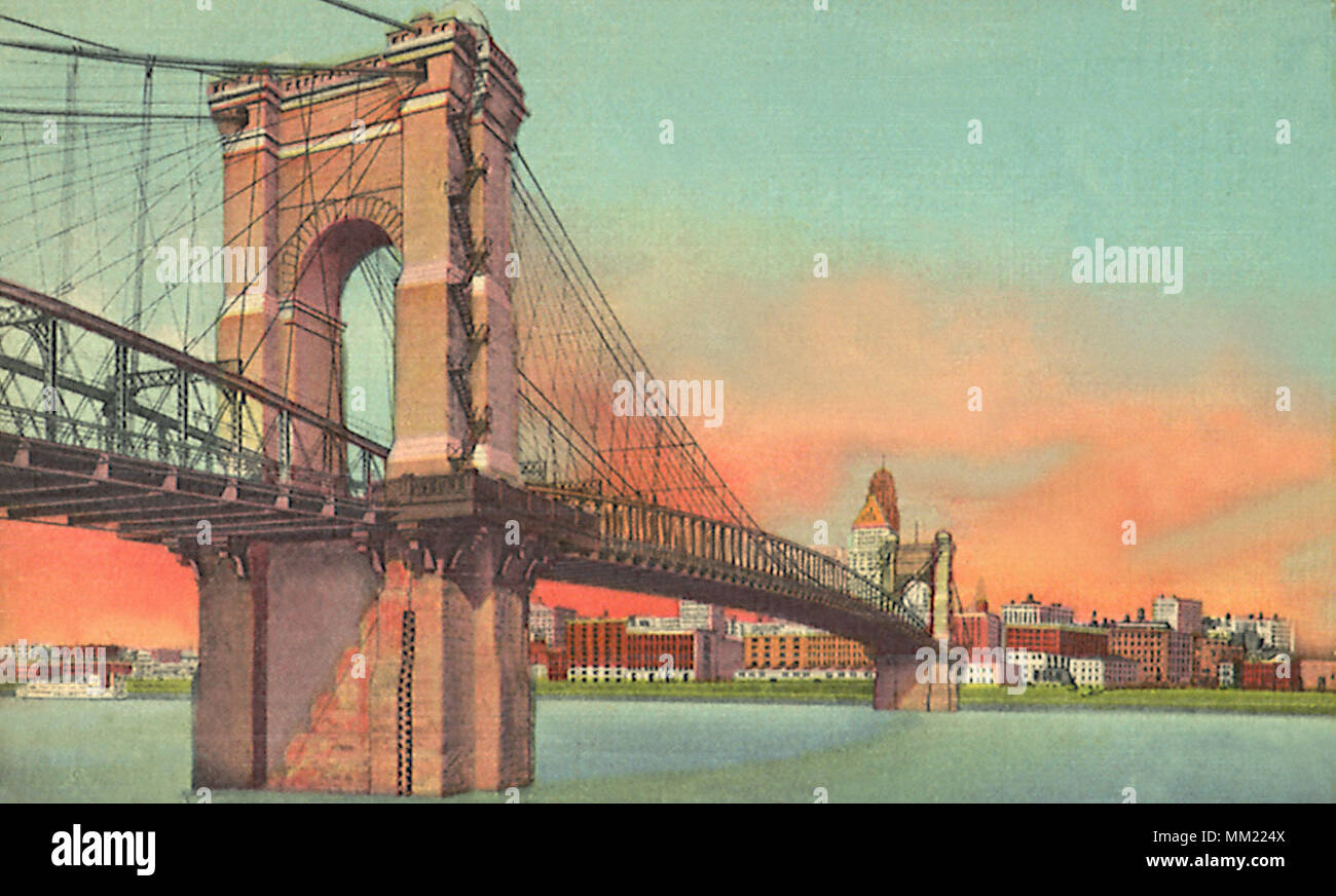 Suspension Bridge & the Skyline. Cincinnati. 1955 Stock Photo