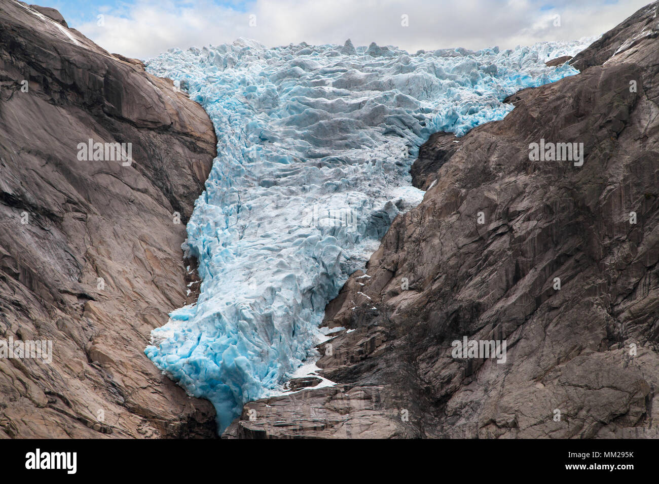 Ice front of the Briksdalsbreen Glacier in 2017, Jostedalsbreen National Park, Norway. Stock Photo