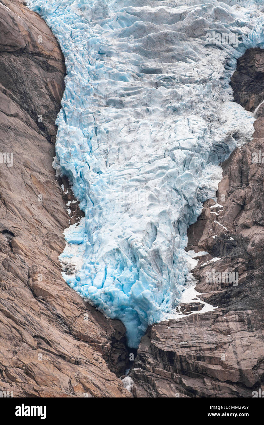 Briksdal Glacier Tongue in 2017, Jostedalsbreen National Park, Sogn og Fjordane, Norway. Stock Photo