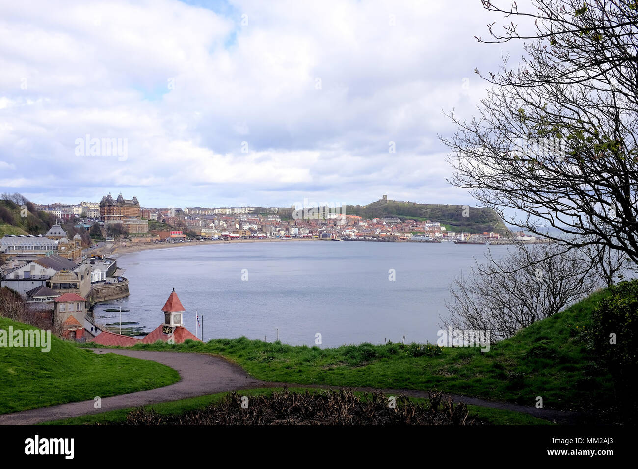 Scarborough, Yorkshire, UK. April 25, 2018.  South bay the town and the castle taken from the South cliff gardens on a breezy day in April . Stock Photo