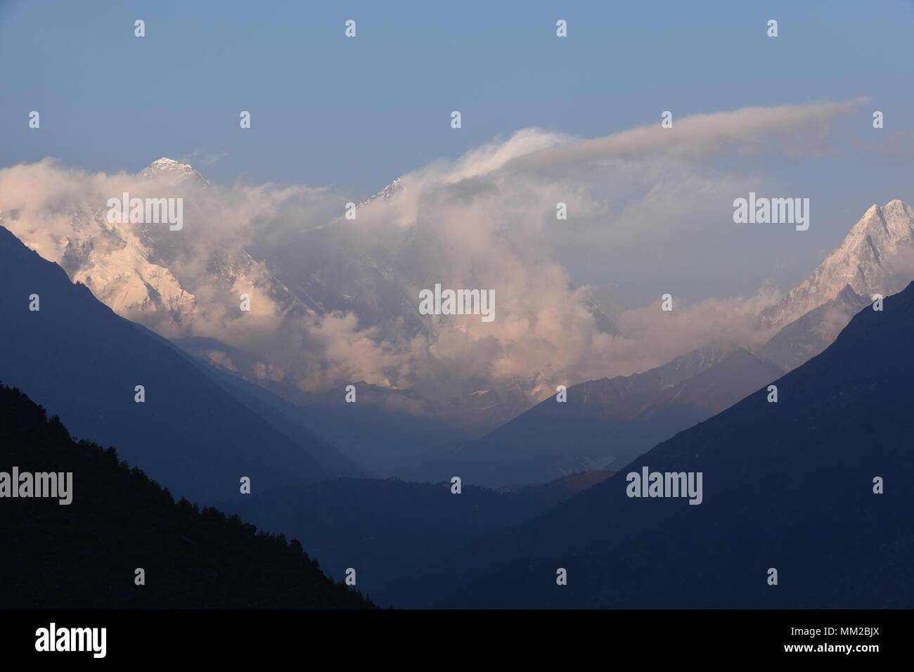 Big clouds around Mount Everest and Lhotse Stock Photo