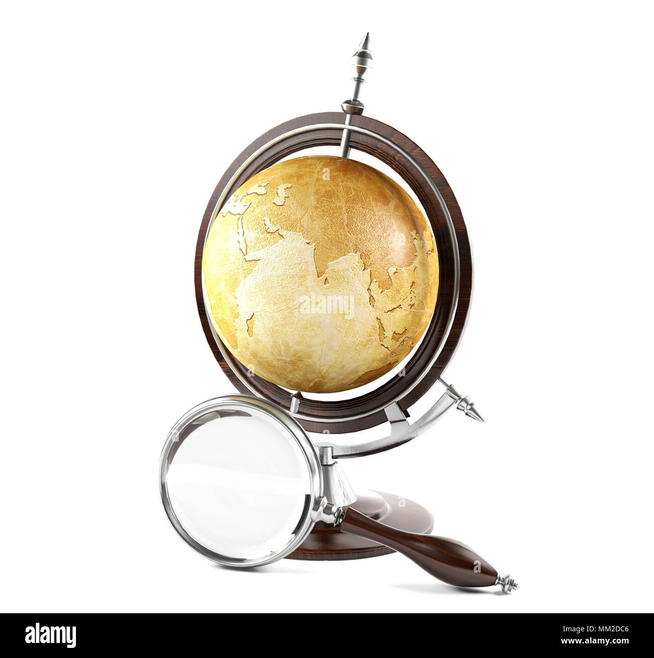 Vintage terrestrial globe and magnifying glass on white background Stock Photo