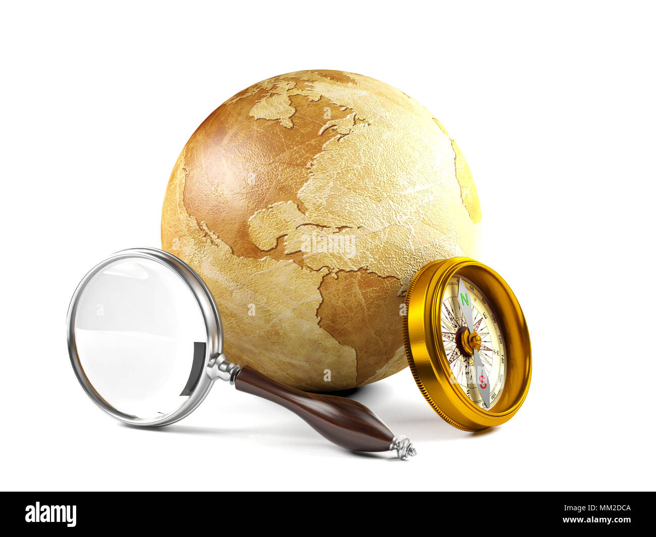 Globe with magnifying glass and compass, world exploring concept Stock Photo