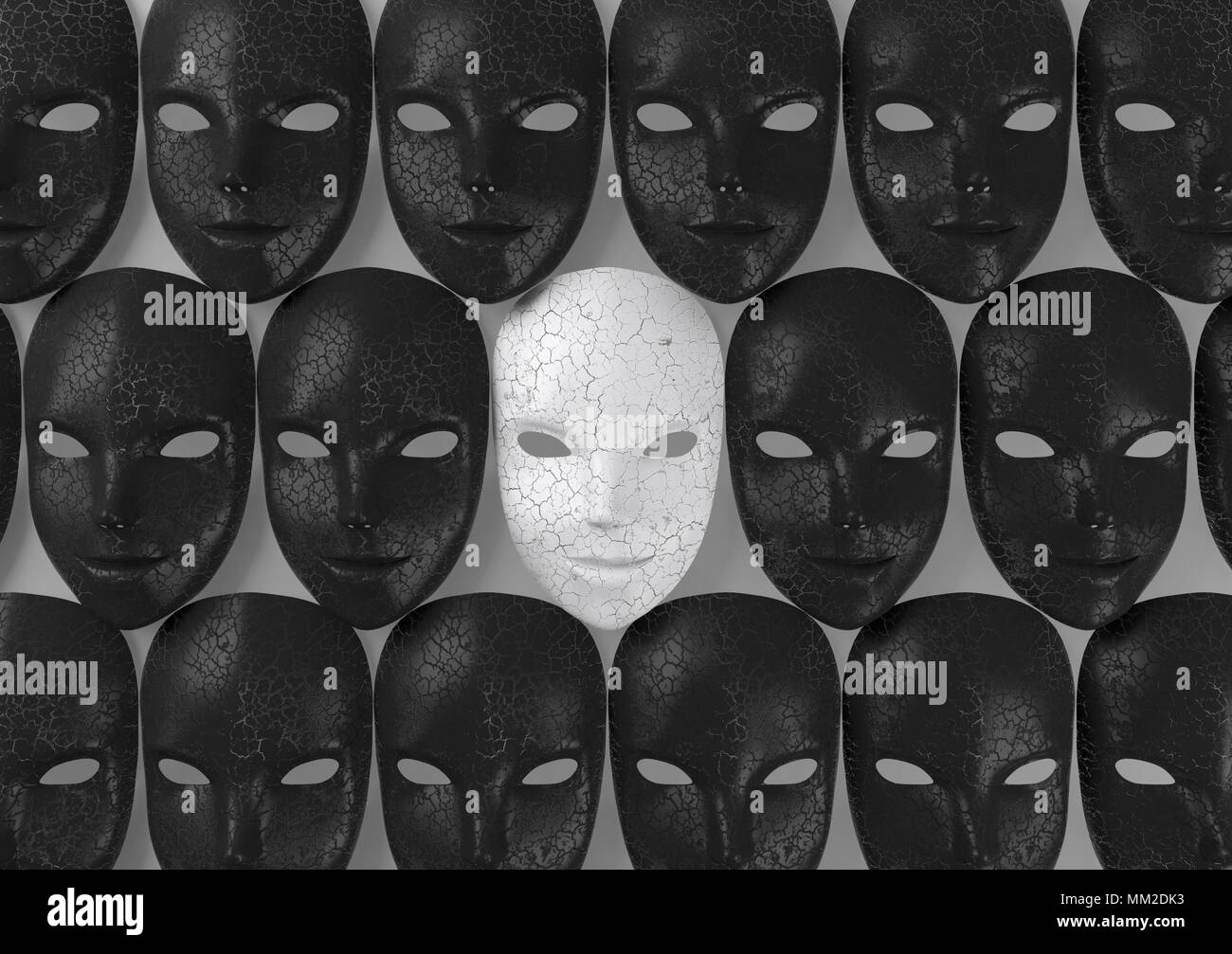 Smiling white mask among black masks, Hypocritical concept, 3d