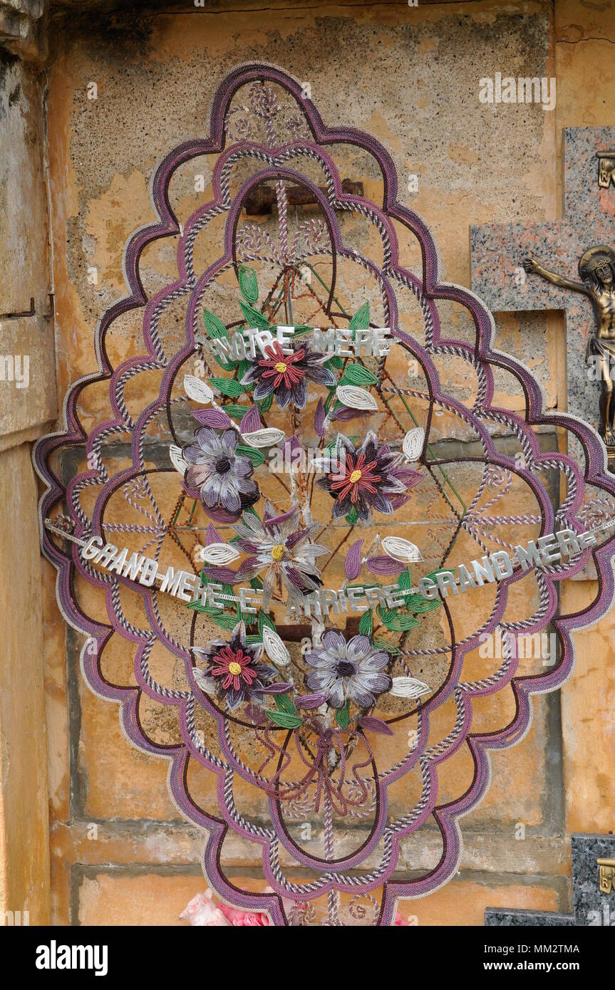 Ecological Funeral, crowns of glass beads, Wicker casket, France Stock