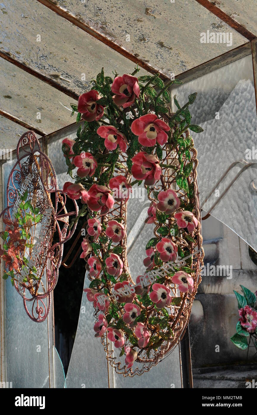 Ecological Funeral, crowns of glass beads, Wicker casket, France Stock