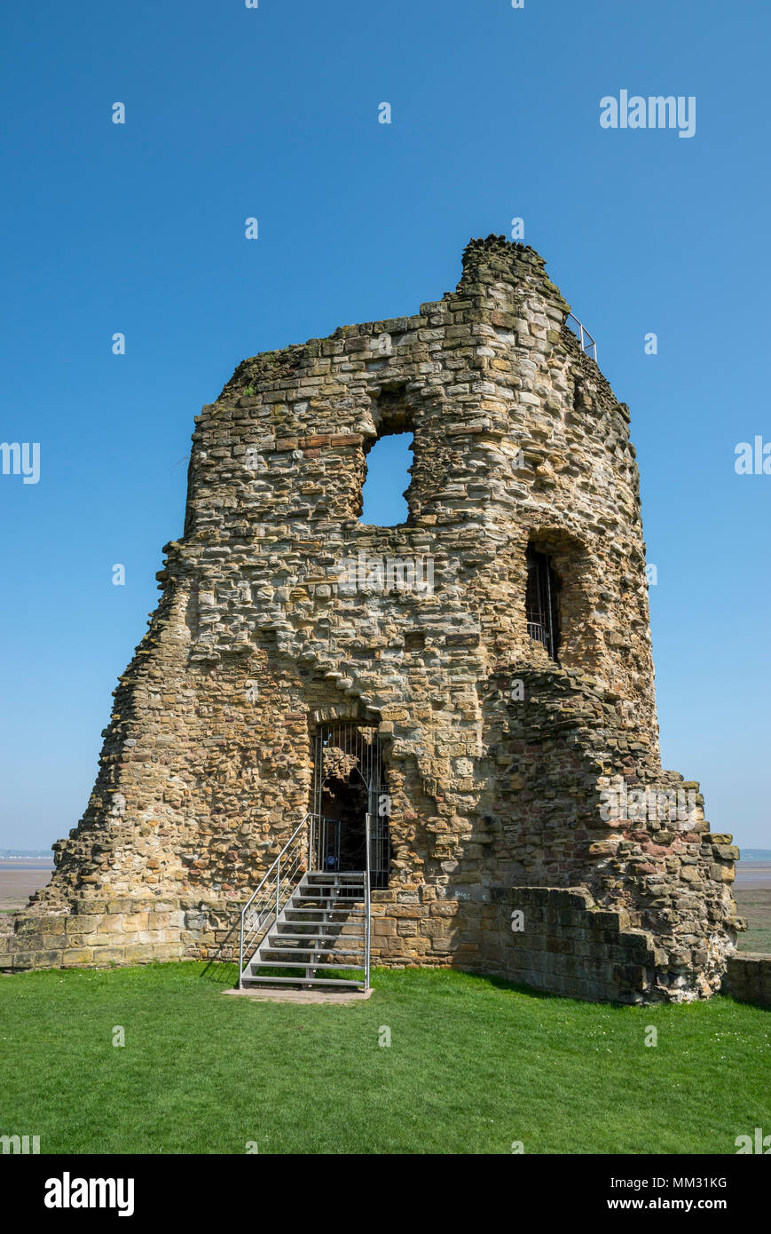 Ruins of Flint Castle beside the river Dee in Flintshire, North Wales. Steps leading into the North East tower. Stock Photo