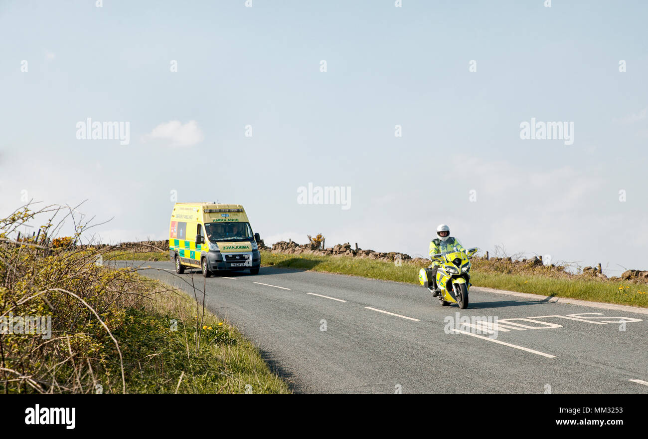Emergency response Ambulance and Police Motorcycle in the Yorkshire Dales Stock Photo
