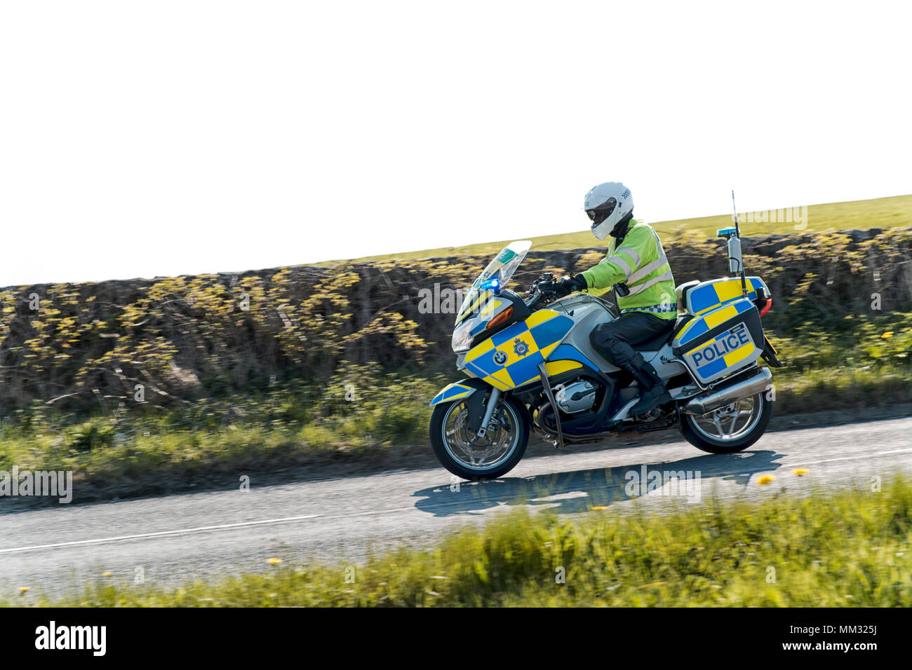 Emergency response Police Motorcycle in the Yorkshire Dales Stock Photo