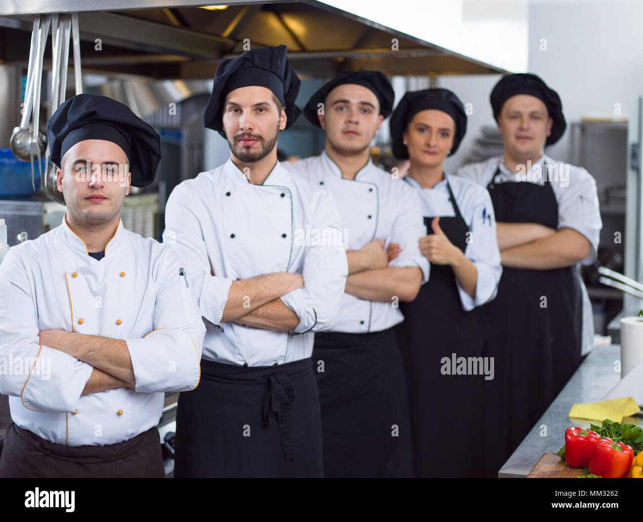 Portrait of group chefs standing together in commercial kitchen at ...