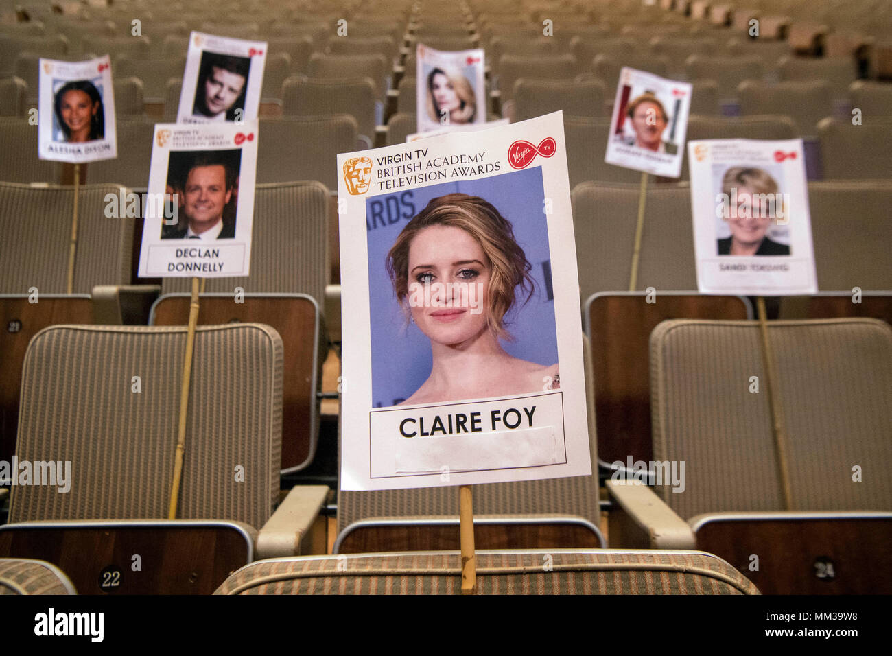 Claire Foy's &quot;head on stick&quot; is positioned to check for camera blocking during the forthcoming Virgin TV British Academy Television Awards at Royal Festival Hall, London. Stock Photo