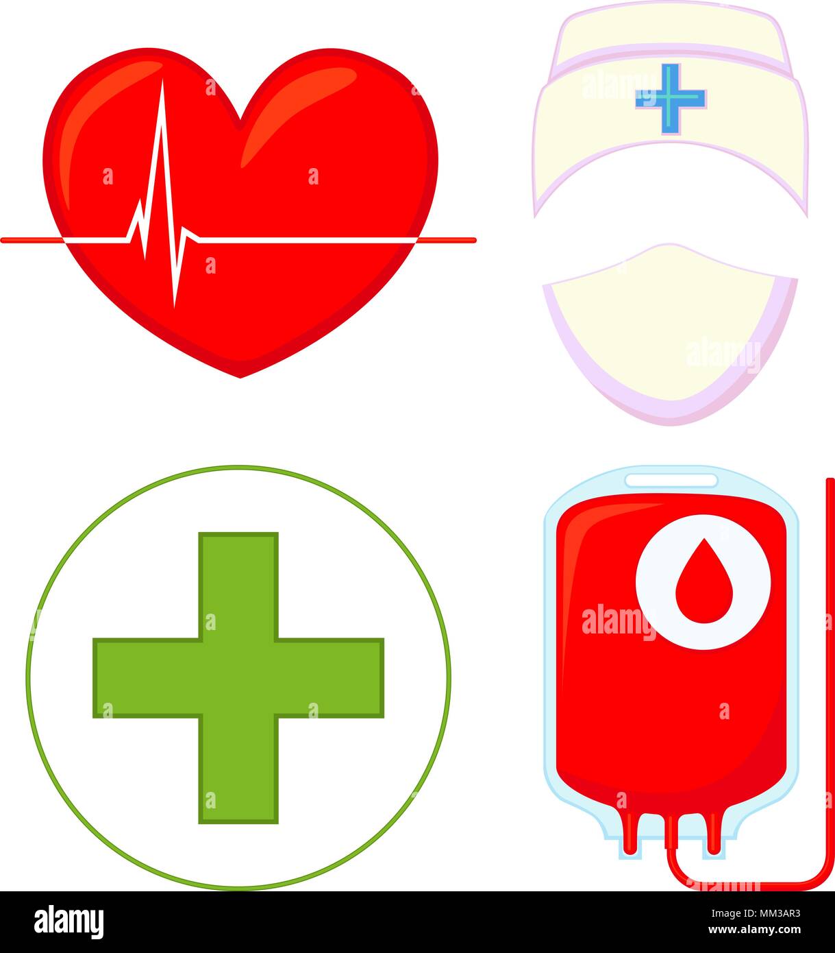 Colorful cartoon blood donation icon set isolated on white background. Heart cardiogram, IV bag, medical avatar and first aid kit. Healthcare vector i Stock Vector