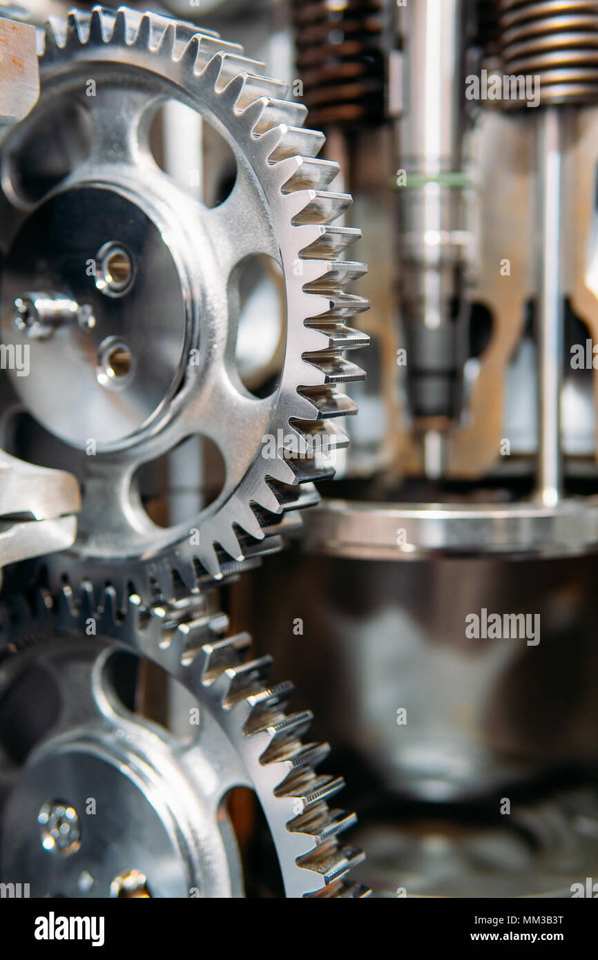 Cogs, Gears and Wheels Inside Truck Diesel Engine Stock Photo